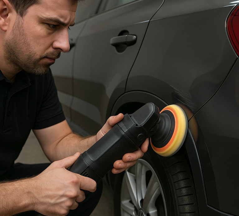 Man polishing a car with a handheld buffer near the vehicle's wheel.