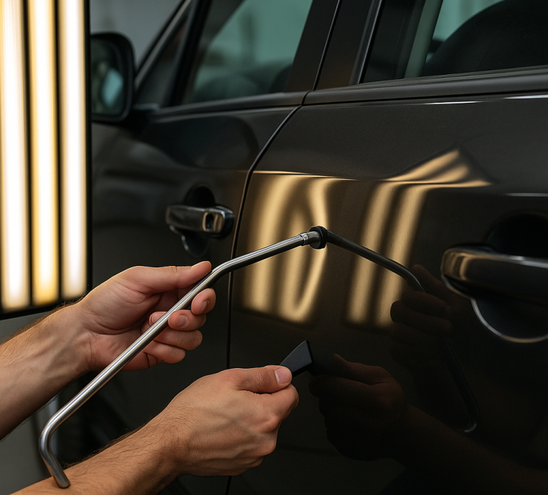 A person using a tool to repair a dent in a black car door.