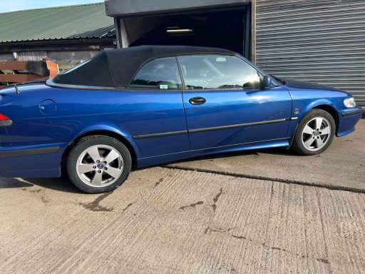 Blue convertible car parked beside a building on a concrete surface.